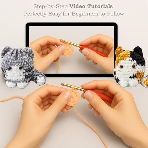 HOUSE CREATIVITY Chenille Crochet Kit for Beginners, Make 2 Ultra-Soft Cat Plushies, Amigurumi Crochet Starter Kit with Video Tutorial, Plush DIY Craft Kit with Chenille Yarn, Hook, Eyes & Stuffing - Image 6