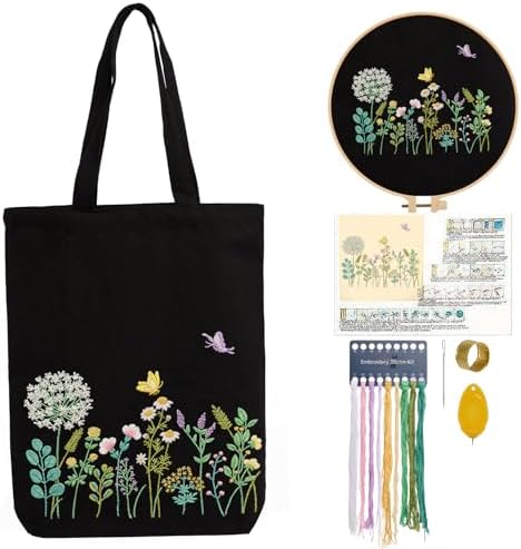 CREAWONDER Canvas Tote Bag Embroidery Kit with Pattern for Beginners, Arts and DIY Embroidery Crafts Kits for Adults, Include Instructions, Embroidery Hoops, Color Threads and Tool by Unknown
