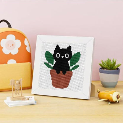 Black Cat Plants Stamped Cross Stitch Kits for Adults Beginners with Frame - Image 4