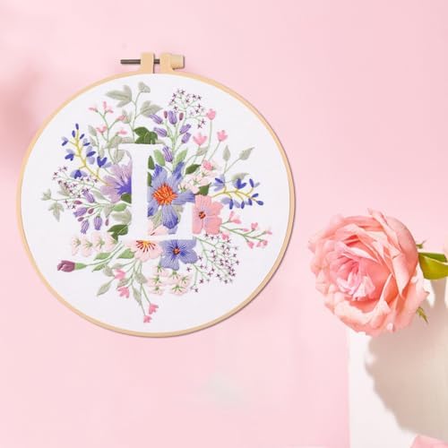 IUHUI Embroidery Kit for Beginners Adults - 26 Floral Letters Easy Patterns, DIY Hand Stitching Embroidery Set with Hoop (Flower and Grass Letter L) - Image 3