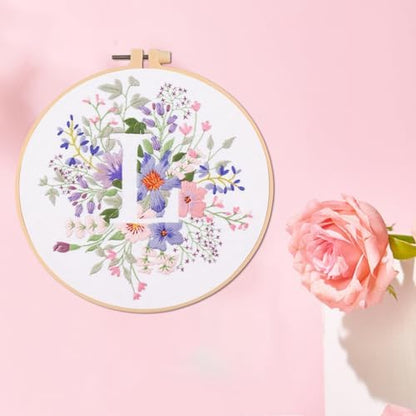 IUHUI Embroidery Kit for Beginners Adults - 26 Floral Letters Easy Patterns, DIY Hand Stitching Embroidery Set with Hoop (Flower and Grass Letter L) - Image 3