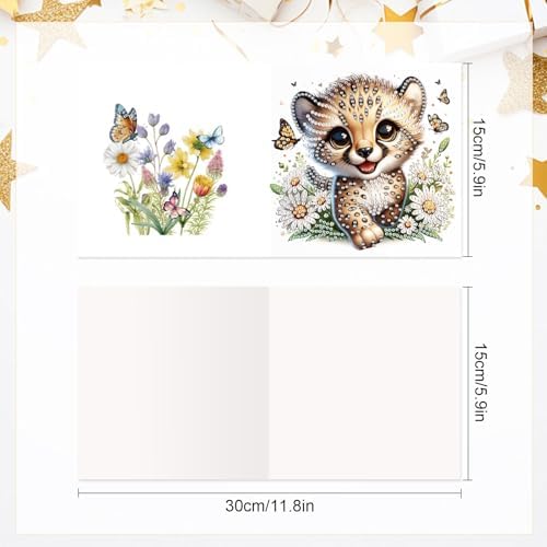 LazyFold 6 Pcs Diamond Art Painting Greeting Cards Kits, DIY Cute Leopard Handmade Festival Greeting Cards with Envelopes Diamond Art Crafts Birthday Cards Creative Gift - Image 2