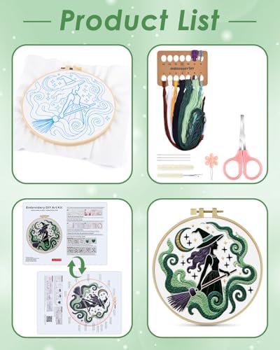 ERKOON Embroidery Kit for Beginners Adult, Cross Stitch Set Include Embroidery Cloth Hoops Threads for Craft Lover Hand Stitch with Embroidery Skill Techniques (Black Witch) - Image 2