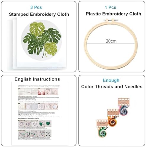 Konrisa Embroidery Kits for Adults Beginner, European Style Garden Plant Green Leaf Stamped Embroidery Starter Kit,DIY Sewing Practice, Needlepoint Cross Stitch Kit,Set of 3 - Image 2