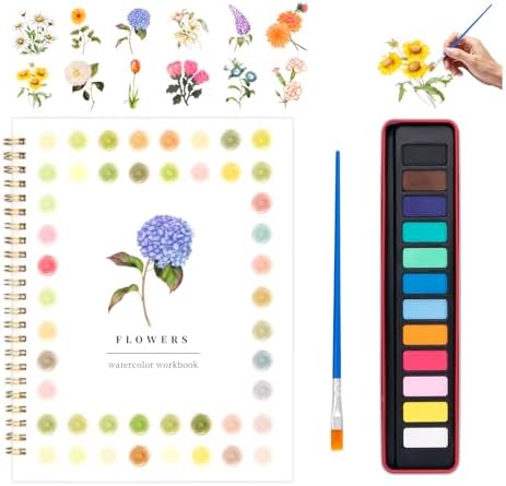 Watercolor Workbook for Adults, Beginner Friendly Watercolor Painting Kit Flowers Water Coloring Book, Nature-Themed Practice Art Gift Water Color Paint Book with Palette and Brush by Kivzex