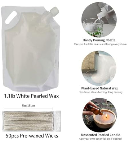 Pansyling Pearled Candle Sand Set, Refillable 1.1Lb Sand Wax, 50 X 6”Candle Wicks, Smoke Free Powder Snow Candles Sand Wax, 120 Hours Burning Time DIY Candle Making Kit, White - Image 3