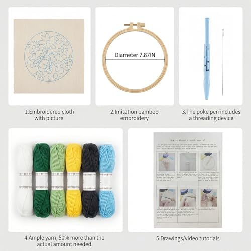 ZMHKJZDQ Punch Needle Kits for Beginners,DIY Punch Needle Embroidery with Fabric, Hoops, Yarns and Sewing Needles for Adults Children Festival Gift and Home Decor, 20x20cm (Daisy Bee) - Image 2