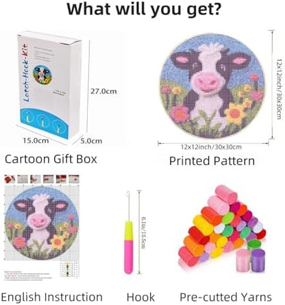 DIY Latch Hook Rug Kits Dairy Cow in Flower Easy for Beginners Round Carpet Crochet Yarn Craft Mini Rug Hook and Latch Tapestry for Home Decor 30x30cm-2 - Image 2