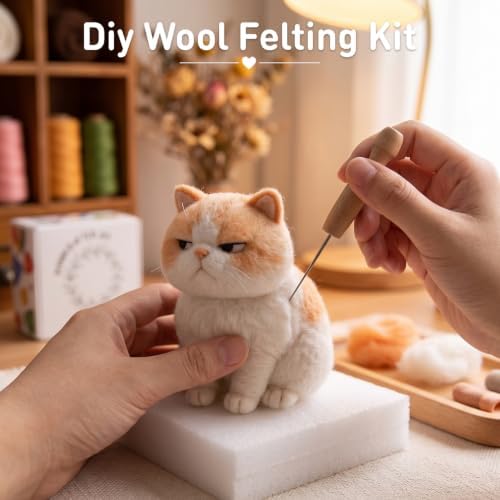 FACE N FACE DIY Needle Felting Kit Cute Grumpy Exotic Shorthair Cat – Needle Felting Starter Kit with Fiber Roving, Needles, Felting Pad & Instructions | Felted Cat Kit for Beginners Adults - Image 6