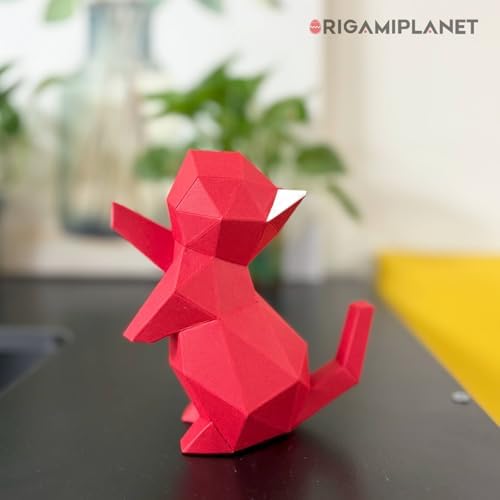3D Origami Paper Craft Kit, Starpaw Kitten Cute DIY Pre-Cut Animal Papercraft Model for Beginners, Fun Handmade Home Decoration Gift for Adults & Teens-Red - Image 2