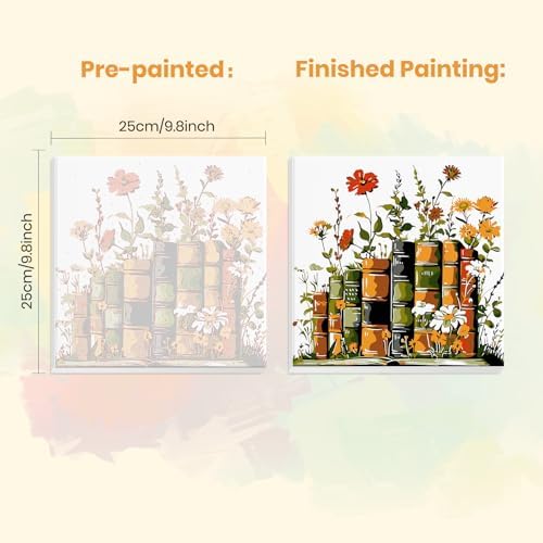 MXJSUA Vintage Books Wildflowers Framed Paint by Numbers for Adults Beginners, Easy Adults' Paint-by-Number Kits on Canvas with Easel, Acrylic Number Painting Crafts Gifts for Home Decor, 10x10 inch - Image 3