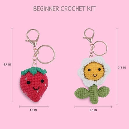 HOUSE CREATIVITY Crochet Keychain Kit for Beginners, Make 2 Strawberry & Sunflower Charms, Crochet Kits with Video Tutorial, Complete Set with Yarn, Hook & Keyring, Cozy Stress Relief Gift for Adults - Image 2