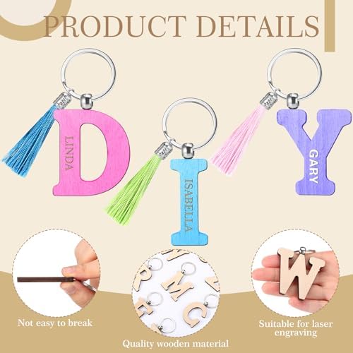 Tondiamo 52 Pcs Personalized Letter Keychain Wood Engraving Blanks Keyring Name Keychain with Tassel Container for DIY Craft - Image 2