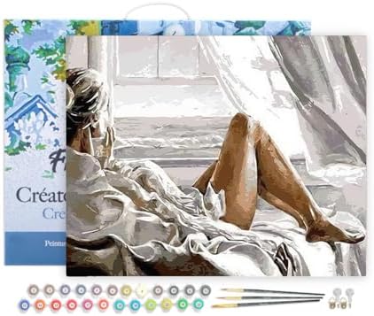 Figured'Art Paint by Numbers for Adults with Frame Rest Facing The Sea 16"x20" - Craft Art Painting DIY Kit Canvas Already Stretched on a Wooden Frame by FiguredArt