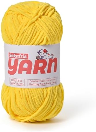 Plush Chunky Chenille Yarn for Crocheting Amigurumi, Soft Fluffy Velvet Yarn for Crocheting, Fuzzy Baby Blanket Knitting 100g/131yds Bulky（Yellow） by Sekafris
