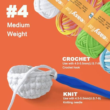4x50g Beginner Easy Yarn Kit for Crocheting and Knitting; Worsted-Weight Medium #4;Crocheting and Knitting kit with Tool Set (Sunglow+Blue+Green+White, 4 Skein) - Image 2