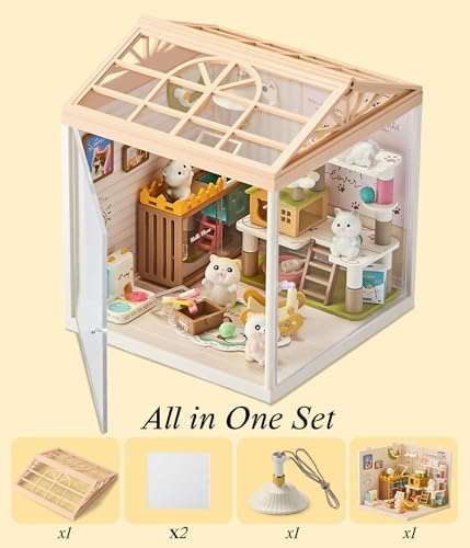 Cat Pet Life Shop DIY Miniature House Kit with Roof & LED Light, Stackable & Connectable Dollhouse Kit with Dustproof Door, Creative DIY Crafts Building Toy Gift for Adults Teens - Image 4