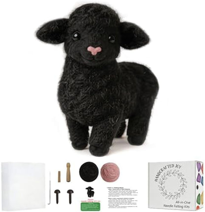 FACE N FACE DIY Needle Felting Kit Cute Black Lamb Standing – Needle Felting Starter Kit with Fiber Roving, Needles, Felting Pad & Instructions | Felted Farm Animal Kit for Beginners Adults by FaceNFace