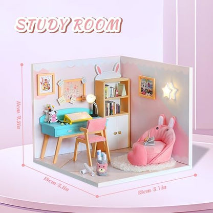 Kisoy Dollhouse Miniature with Furniture Kit, DIY 3D Wooden DIY House Kit A Corner of a Small Apartment Style with Dust Cover & LED,Handmade Tiny House Toys for Kids Adults Gift (Study Room) - Image 2