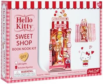 Hands Craft Hello Kitty Sweet Shop Book Nook Kit – Official Sanrio DIY Miniature Shelf Insert with Touch LED – 149-Piece 3D Puzzle for Adults & Teens – Kawaii Decor, Collectible Diorama Craft Kit - Image 3