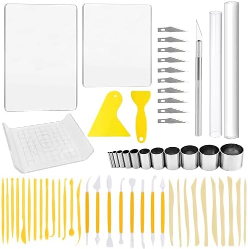 Yayatty Polymer Clay Tools, Acrylic Clay Roller, Acrylic Sheet, Rotary Cutting Mat, Round Polymer Clay Cutters with Clay Slicer Blade for Pottery and Sculpture (62 PCS) by Yayatty