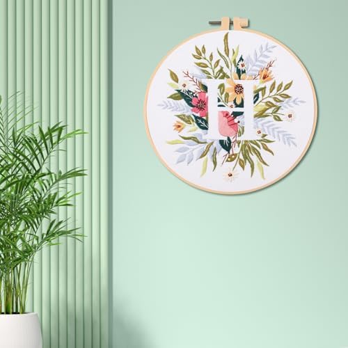 IUHUI Embroidery Kit for Beginners Adults - 26 Floral Letters Easy Patterns, DIY Hand Stitching Embroidery Set with Hoop (Flower and Grass Letter H) - Image 3