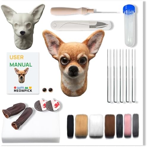 MeowPick Dog Head Needle Felting Kit with Upgraded Breed-Specific Mold - Complete DIY Wool Felting Starter Set for Beginners (Chihuahua) by MEOWPICK