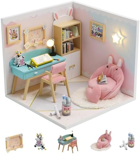 Kisoy Dollhouse Miniature with Furniture Kit, DIY 3D Wooden DIY House Kit A Corner of a Small Apartment Style with Dust Cover & LED,Handmade Tiny House Toys for Kids Adults Gift (Study Room) by Kisoy