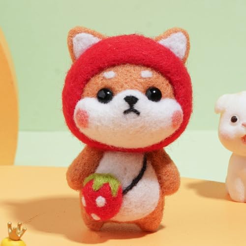 Wizardi Beginner Needle Felting Kit for Adults - Puppy in Strawberry Costume. Animal Felting Kit 6.8x4.5x4cm. Felting Tools. Wool Felting Supplies. Felt Crafts. Wool Felt. F07N8-6 by Wizardi
