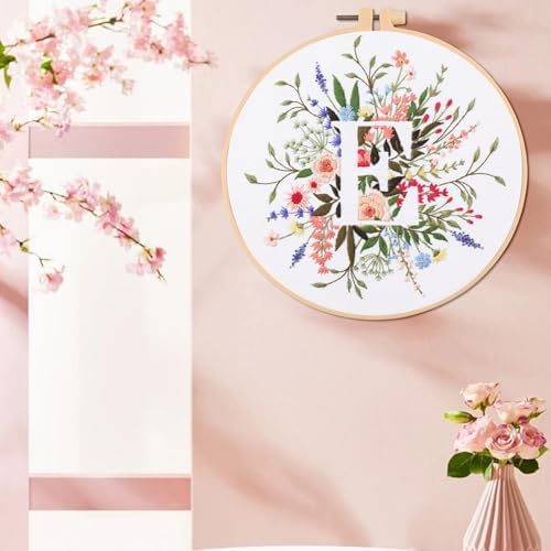 IUHUI Embroidery Kit for Beginners Adults - 26 Floral Letters Easy Patterns, DIY Hand Stitching Embroidery Set with Hoop (Flower and Grass Letter E) - Image 3