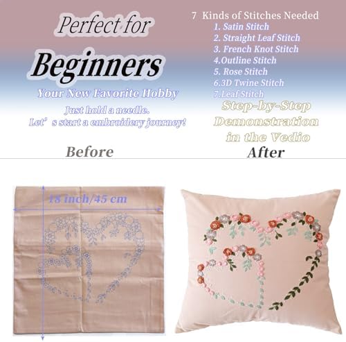 Crewel Pillow Case Embroidery Kit, Heart Shaped Loving You Floral Stamped Pattern Kits for Audlt Beginners, Works Crafts Throw Pillow Cover Great Gift for Loved Ones, 18 x 18'' (Coral) - Image 4