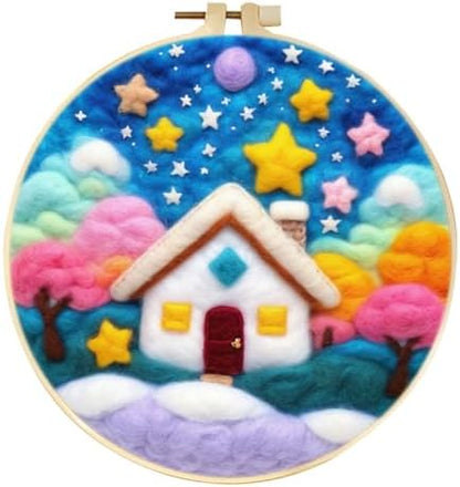 CaptainCrafts DIY Needle Felting Starter Kit with Picture Hoop, Foam Pad Felt Cloth Instructions for Home Decoration Beginner Art Craft (Romantic Coloured Houses) by CaptainCrafts
