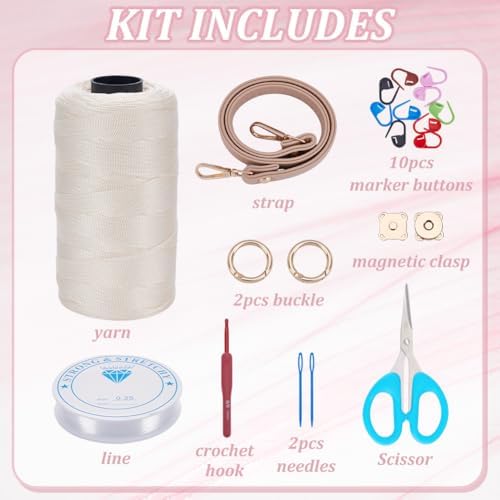 FREEBLOSS DIY Crochet Bag Making Kit Crochet Starter Kit with Video Tutorial PU Leather Handle Handmade Shoulder Bag Set for Beginners Birthday Gift White - Image 2