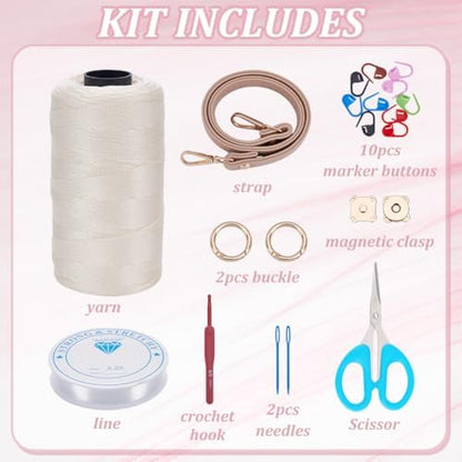 FREEBLOSS DIY Crochet Bag Making Kit Crochet Starter Kit with Video Tutorial PU Leather Handle Handmade Shoulder Bag Set for Beginners Birthday Gift White - Image 2