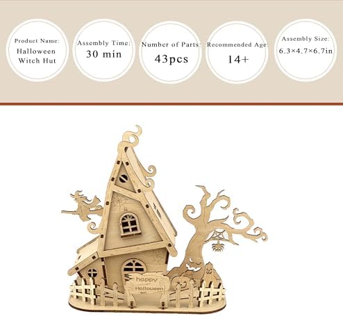 Halloween Witch House 3D Wooden Puzzle Kit - DIY Haunted House Building Model for Adults, Spooky Halloween Decorations, Fun Craft Gift for Teens - Image 5
