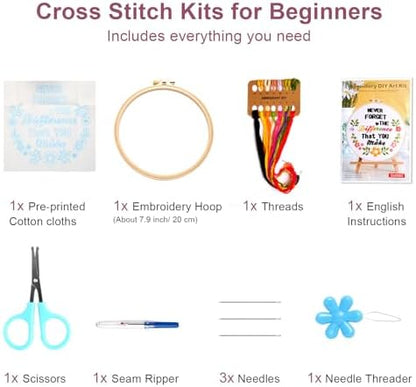 Haootadiy Beginner Embroidery Kit for Adults, Easy Cross Stitch Kit for Beginners and Adults, Full Embroidery Hoop Kit with Needles and Thread Included (Pattern 2) - Image 2