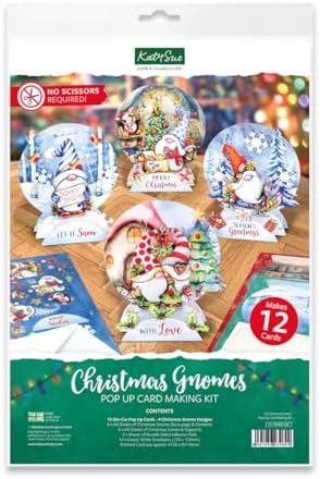 Katy Sue Christmas Gnomes Die Cut Pop Up Card Making Kit for Adults. Makes 12 Cards & Contains Gnome Die Cut Decoupage Paper Sheets, Supports, Envelopes, & Foam Pads For Christmas Card Making Supplies by KatySue