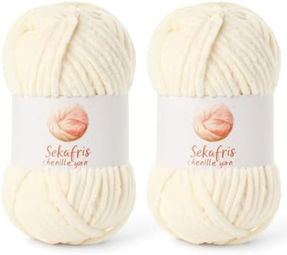 Chenille Yarn for Crocheting Size 5 Bulky Yarn 2 Pack Milky White by Sekafris