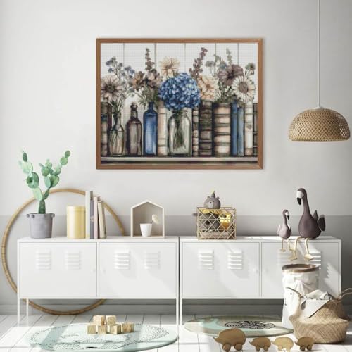 Stamping Cross Stitch Kit Books Flowers, Counting Cross Stitch Kit for Adult Beginners, with Glass Bottles Full Line DIY Cross Stitch Stitching Kit for Home Decor Cross Stitch Patterns 15.7x11.8inches - Image 4