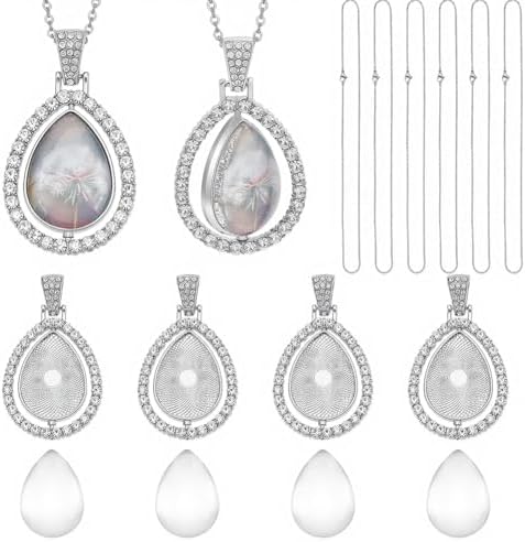 24Pcs 6 Sets Pendant Tray Set Teardrop Bezel Pendant Trays with Glass Cabochons and Chain Rhinestone Rotatable Double Sided Bezel Charms for Jewelry Making Supplies Necklace Gift Adults by SOFPLATE