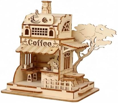 3D Wooden Puzzle Coffee Shop Model Kit - DIY Miniature House Building Set for Adults & Teens, Laser Cut Wood Craft Kit, Educational Hobby Gift for Coffee Lovers, Home Desk Decor by Unknown