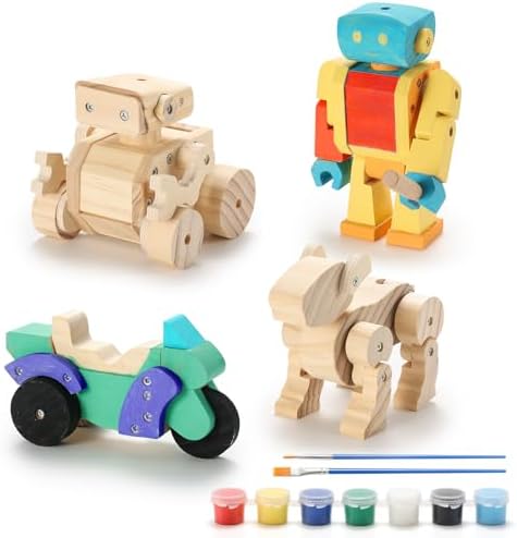 SainSmart Jr. Woodworking Building Kits for Kids, 4-in-1 Wood Building Kits for Kids STEM Projects Set, DIY Arts & Crafts Assembly Toys with Paints & Brushes, Ideal Gift for Boys and Girls by SainSmartJr