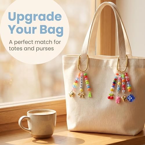 Cmidy Bag Charm Kit DIY Keychain Carabiner Bag Charm Making Kit Supplies Custom Beaded Keychain Purse Charms Kits Set Including Large Hole Beads Acrylic Charms Gold Carabiner Clip (Multicolor) - Image 5