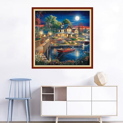 Joyhoor Cross Stitch Kits for Beginners Stamped Cross-Stitch Supplies Needlework preprint Embroidery Kits for Adults DIY Needlepoint Kits Embroidery Patterns 11CT-Night Moon Home 18x18 inchs - Image 2