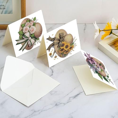 LazyFold 6Pcs DIY Diamond Art Painting Greeting Cards with Envelopes, Flower Hats All Occasion Note Card Kit for Women, Handmade Thank You Birthday Friendship Cards Gift - Image 7