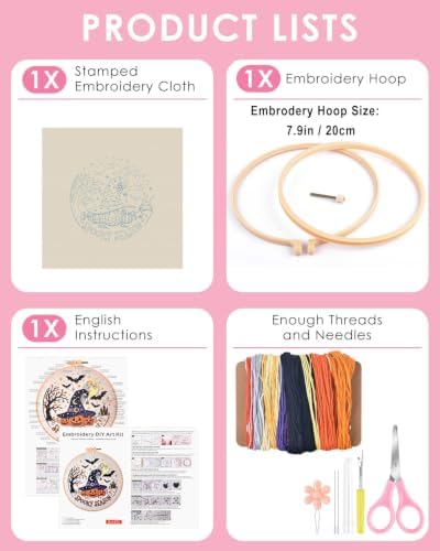 TINDTOP Halloween Embroidery Kit for Adult, Embroidery DIY Starter Kit, with Stamped Patterns, Hoop, Tools, Colorful Threads with Needles, Instructions (Halloween A) - Image 2