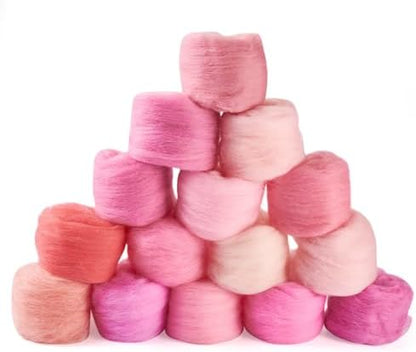 FASHEWELRY 2.65 oz Pink Wool Roving for Needle Felting Kit 15 Colors Felting Wool Yarn Core Wool Felt Craft Kit for Adult Beginners Felted Crafts DIY Materials Hand Spinning Supplies by FASHEWELRY