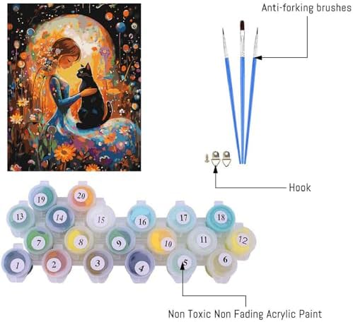 Clendo DIY Paint by Numbers Kit for Adults Beginners, Cat and Moon Adult Paint by Numbers on Canvas, Acrylic Painting Crafts for Home Decor (16x20inch) - Image 3
