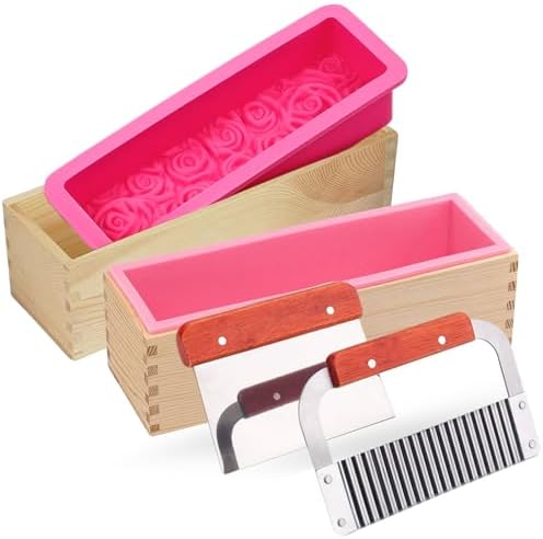 6 Pack Soap Making Silicone Loaf Molds with Wood Boxes & Cutters - 42oz Classic & Rose Loaf Molds, 2pcs Wood Mold Holders, Straight & Crinkle Slicer for Soap, DIY Soap Kit Supplies Accessories & Tools by BeadHub