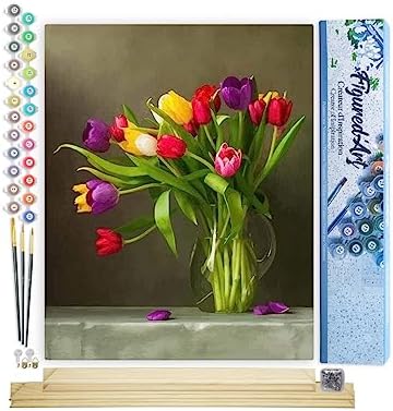 Figured'Art Paint by Numbers Kit for Adults Multicolored Flowers 16"x20" - Craft Art Painting Rolled Canvas with DIY Wooden Frame by FiguredArt
